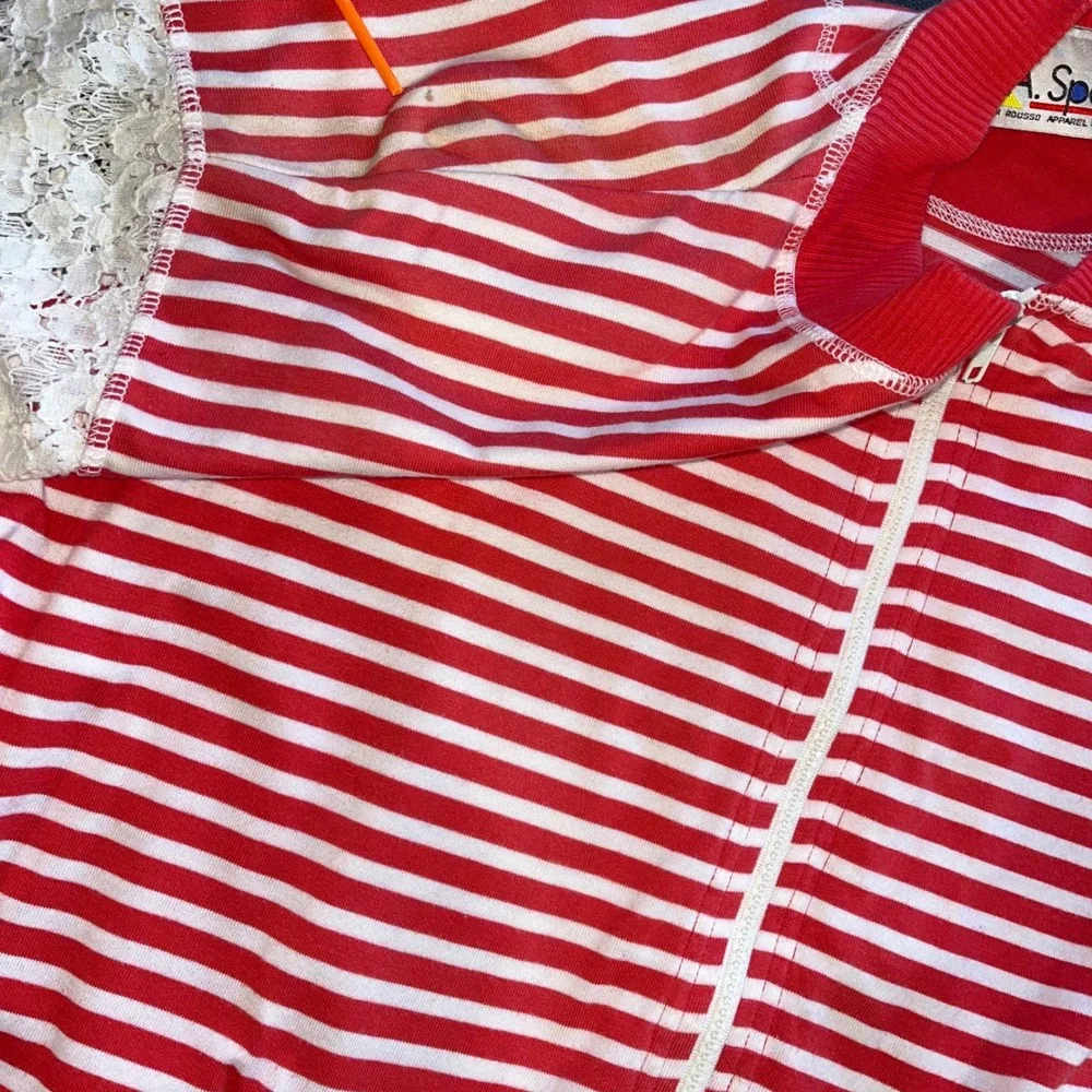 VTG Striped Bomber Jacket Lace Detail Pockets Red White Multi Media Sport Size L